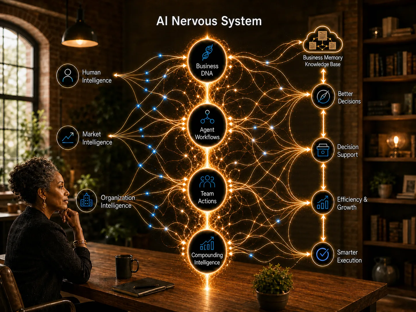 The AI nervous system: Human, Market, and Organization Intelligence flowing into business memory and out as decisions, efficiency, and smarter execution.