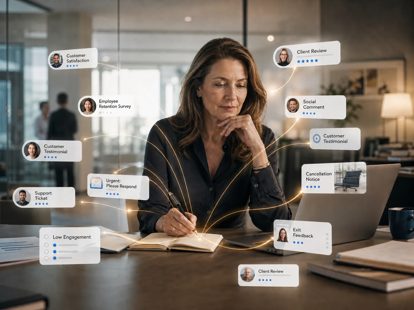 A leader reviewing client signals: reviews, testimonials, support tickets, and exit feedback surfacing around her as she works.