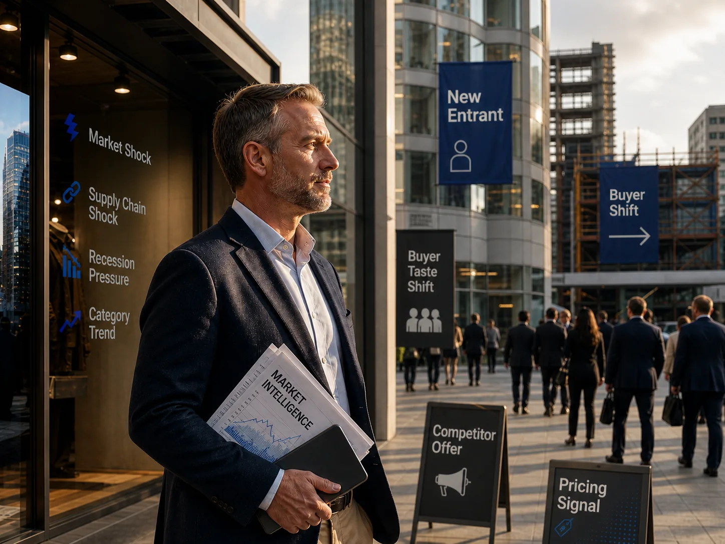 A leader outside his office reading market shock, buyer shift, competitor offer, and pricing signals playing out around him.