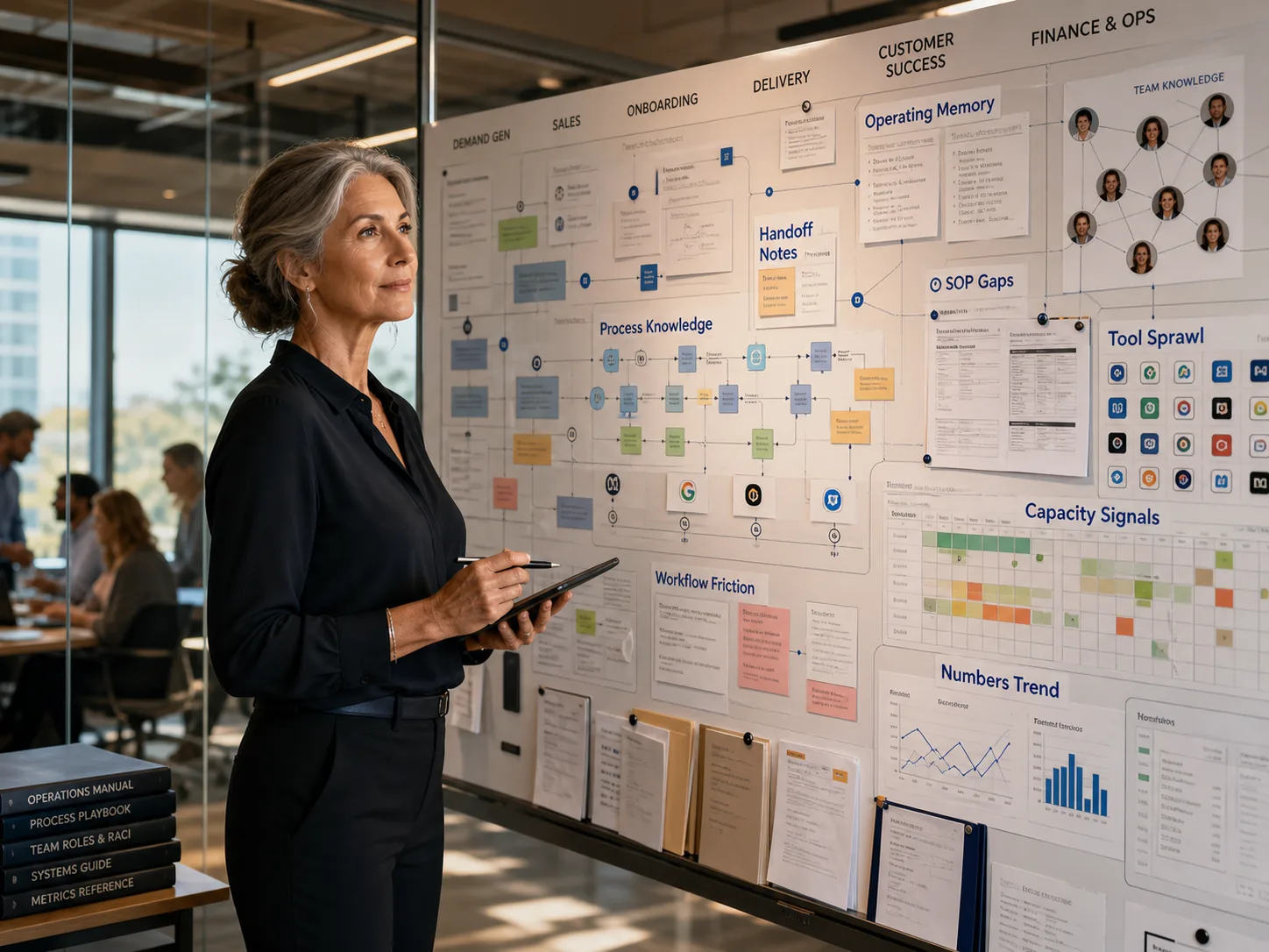 A leader mapping her organization's process knowledge, handoff notes, SOP gaps, and team knowledge on a wall.